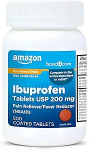   Basic Care Ibuprofen Tablets 200 mg, Pain Reliever/Fever Reducer, Body Aches, Headache, Arthritis Pain Relief and More, 500 Count (Packaging may vary)
