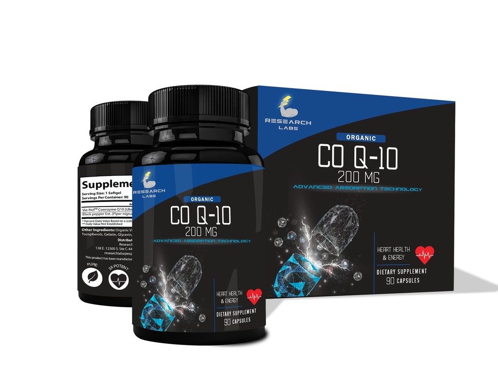 Research Labs Advanced Absorption 200mg CoQ10 w/Black Pepper Extract. 90 Softgels. Organic, Gluten Free, Heart Health Support, Energy Production, Antioxidant Supplement