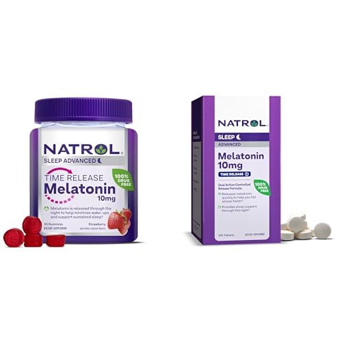 Bundle of Natrol Time Release Melatonin 10 mg 100 Tablets, Dietary Supplement for Restful Sleep, & Natrol Time Release Melatoning 3mg Gummies, 35 Strawberry-Flavored Melatonin Gummies, 35 Day Supply