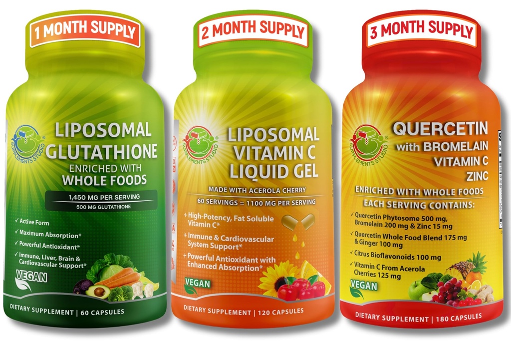 Daily Immune & Antioxidant Support Bundle – Liposomal Vitamin C 1100mg Liquid Gel + Liposomal Glutathione 500mg + Quercetin with Bromelain, Zinc & Whole Food Blend – Non-GMO, Maximum Absorption