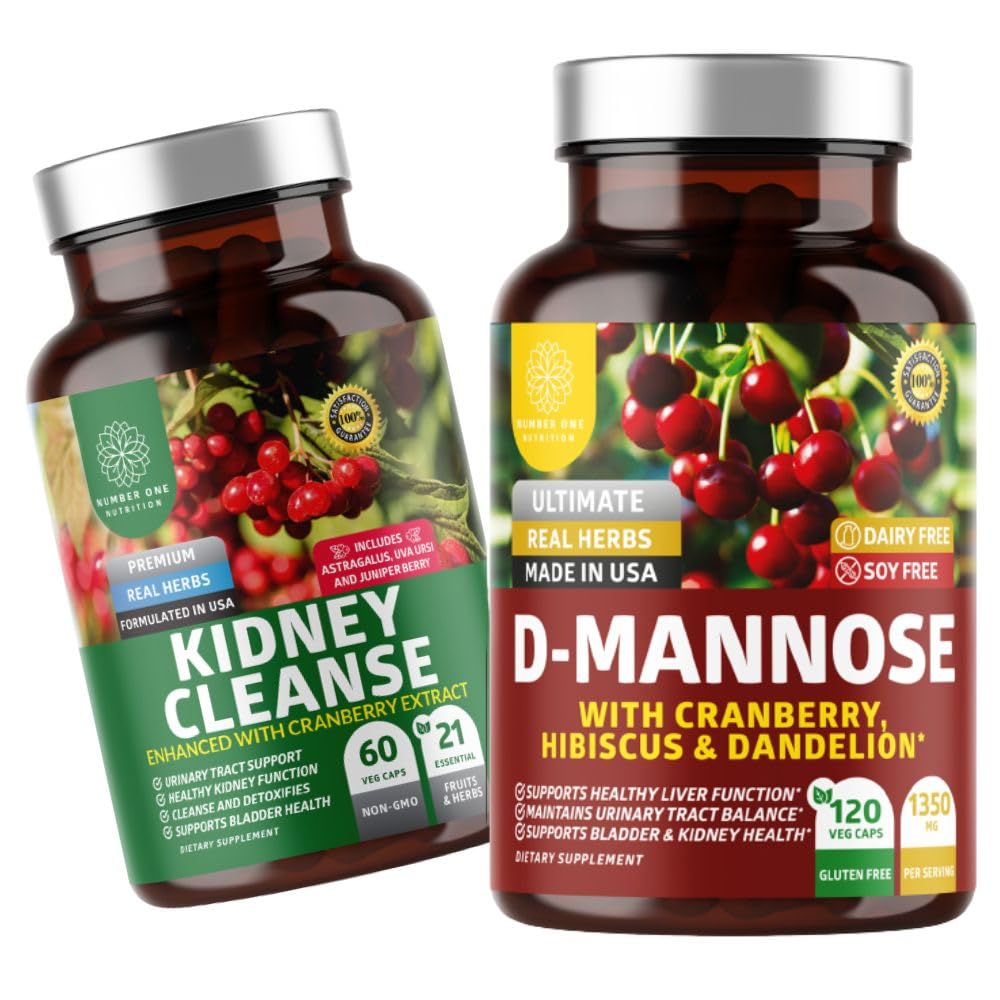 Number One Nutrition N1N Premium D-Mannose [1350mg] with Cranberry & Hibiscus and Kidney Cleanse [21 Potent Herbs] with Cranberry Extract, Astragalus, Uva Ursi, 2 Pack Bundle