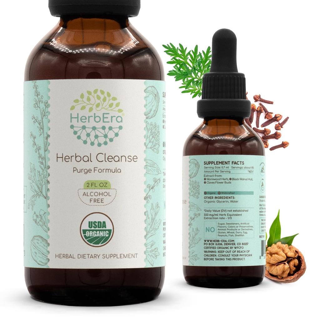 HerbEra Herbal Cleanse Organic Alcohol-Free Tincture | Detox and Cleanse Formula, Extract Supplement | Organic Wormwood Herb, Black Walnut Hull, Cloves Flower Buds | Purge Extract (2 fl oz)