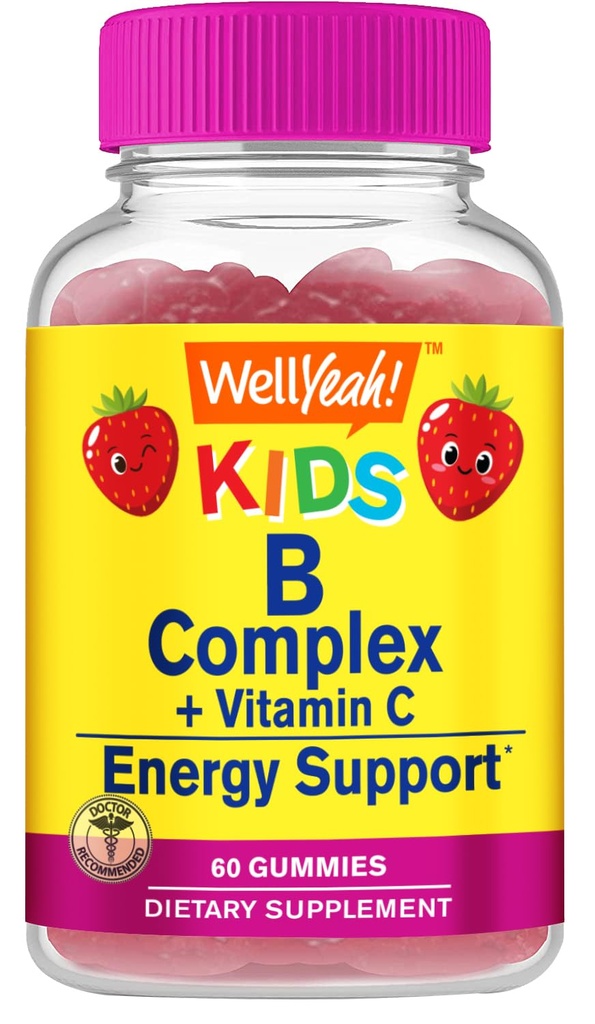 WellYeah B Complex Gummies for Kids - with Vitamin C, Niacin, Vitamin B6, Folic Acid, Vitamin B12, Biotin & Pantothenic Acid - 2 Month Supply - Strawberry Flavor - Non GMO, Gluten Free - 60 Gummies