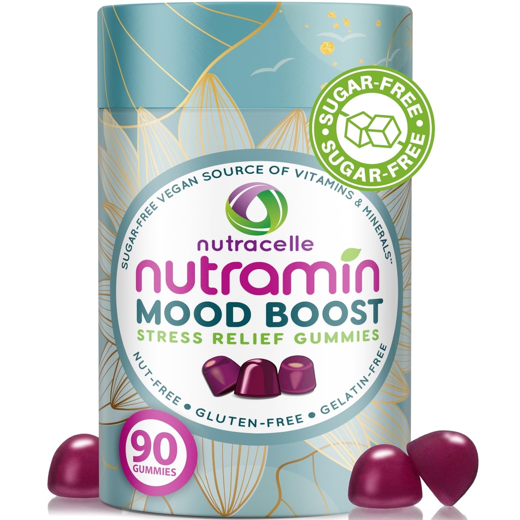 NUTRAMIN Mood Boost Multivitamin Gummy - Delicious & Yummy Anti-Stress Magnesium Ashwagandha Gummies + B Complex Vitamins for Focus and Calm - Sugar-Free, Vegan, Gluten-Free, Allergy-Safe (90 Count)