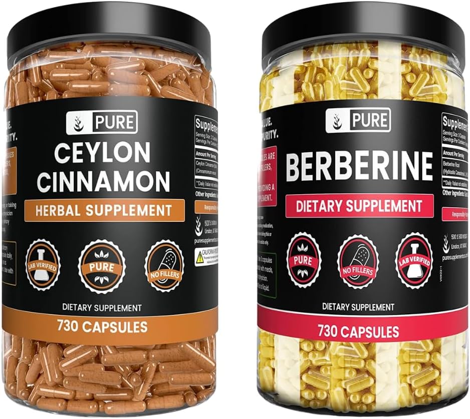 PURE ORIGINAL INGREDIENTS Ceylon Cinnamon and Berberine Capsules Bundle (730 Capsules Each) No Magnesium or Rice Fillers, Lab Verified