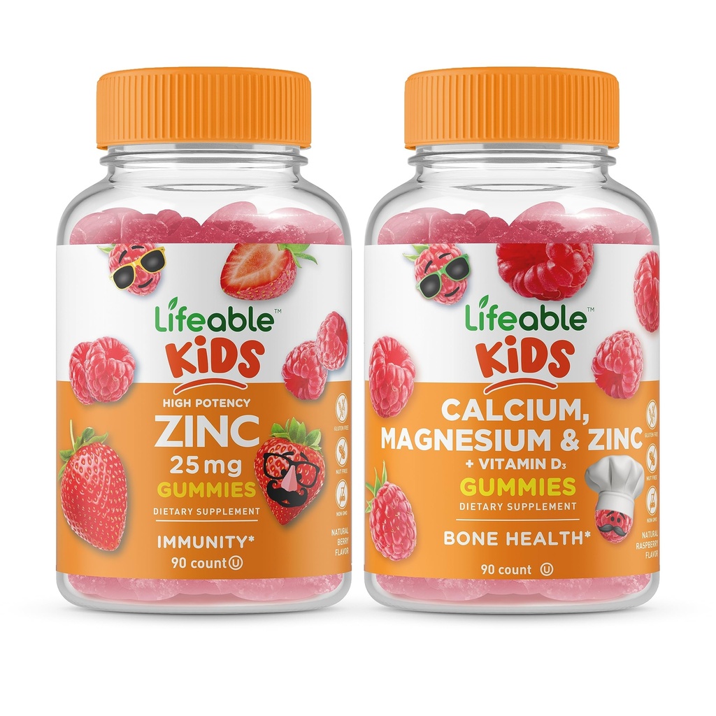 Lifeable Zinc 25mg Kids + Calcium Magnesium & Zinc Kids, Gummies Bundle - Great Tasting, Vitamin Supplement, Gluten Free, GMO Free, Chewable Gummy