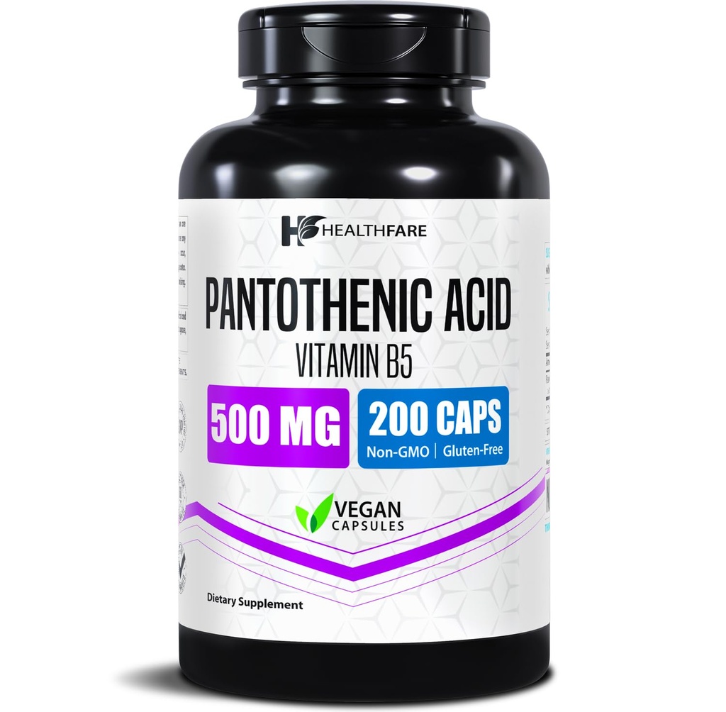 Healthfare Pantothenic Acid 500mg Vitamin B5 Supplement | 200 Vegan Capsules | Extra Strength Energy & Metabolism Support | Non-GMO, Gluten-Free | Made in USA