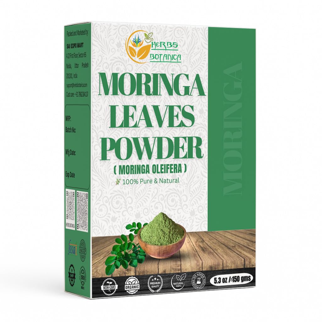 Herbs Botanica Moringa Powder 5.3 oz (150g) 100% Pure Raw Leaf Powder Premium Food-Grade Culinary Green Superfood for Smoothies, Juices, and Baking Vegan, Non-GMO, Gluten-Free