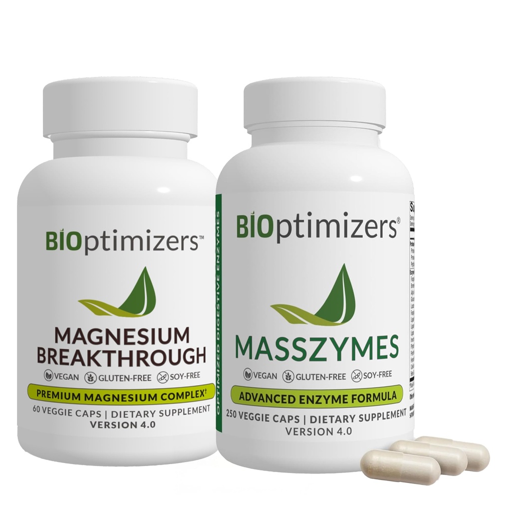 BiOptimizers Magnesium Breakthrough 4.0, (60 Capsules) & MassZymes 4.0, (250 Capsules) - Natural Sleep, Brain, and Digestive Health Support Supplement Bundle