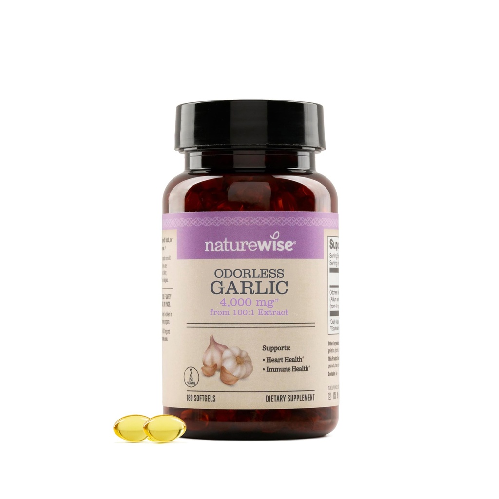 NatureWise Odorless Garlic Supplement 4000mg - Ultra Potent 100:1 Extract - Healthy Cholesterol Formula, Heart Health Support - Non-GMO, Gluten Free, with Halal Gelatin - 180 Count[90-Day Supply]