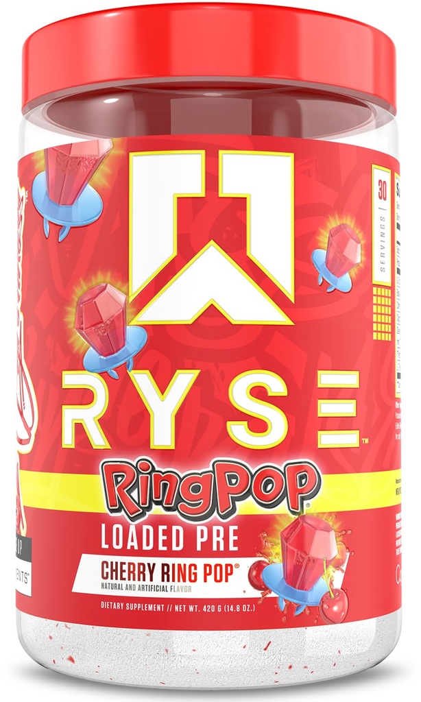 RYSE Loaded Pre Workout Powder - Ring Pop Cherry - Daily Pre-Workout for Men & Women with 325mg Caffeine, Beta Alanine, and Citrulline for Pump, Focus, and Energy - 30 Servings