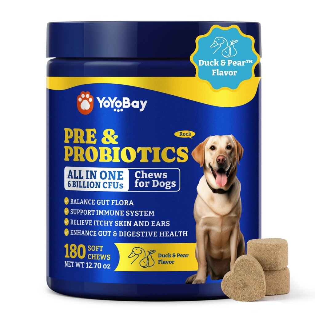 Probiotics for Dogs - Dog Probiotics for Digestive Health, Yeast, Itchy Skin, Gut Health, Immune & Skin - 6 Billion CFUs, 180 Soft Chews, Duck & Pear Flavor - with Prebiotics & Digestive Enzymes