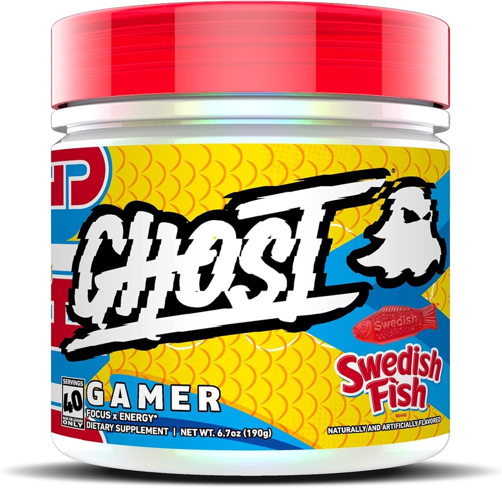 GHOST Gamer: Energy and Focus Support Formula - 40 Servings, Swedish Fish - Nootropics & Natural Caffeine for Attention, Accuracy & Reaction Time - Vegan, Gluten-Free
