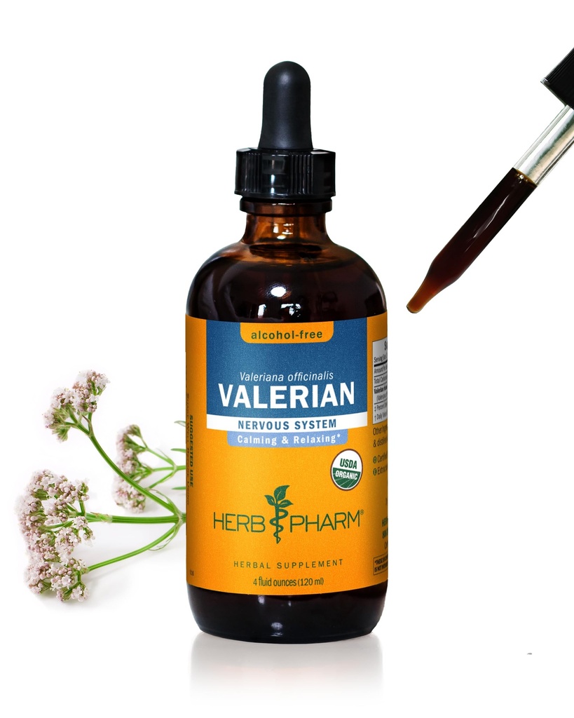 Herb Pharm Valerian Alcohol-Free Extract: Organic Liquid Glycerite for Sleep & Relaxation, Calming Nighttime Sleep Support Supplement for Adults, Sugar-Free, Up to 24 Week Supply, 4 oz