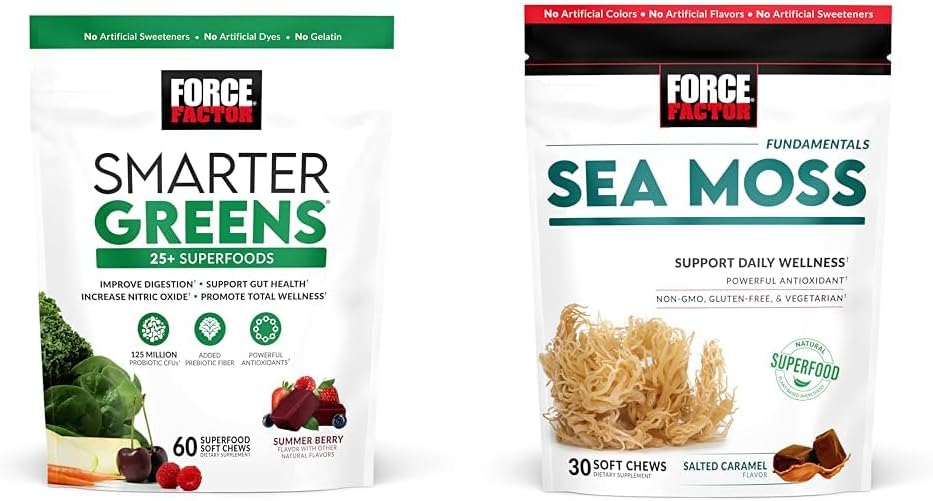 FORCE FACTOR Greens Chews with 25+ Superfoods & Sea Moss Chews, 60 & 30 Count