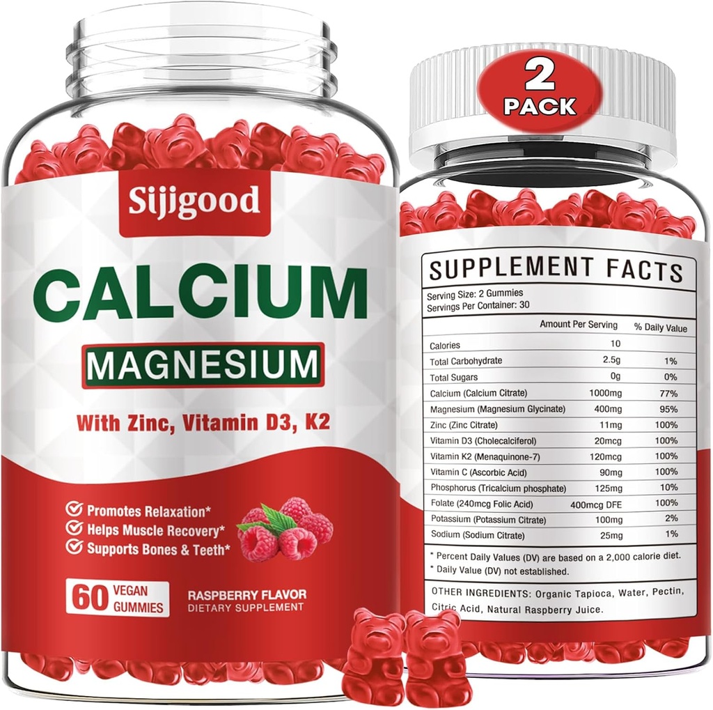 2 Pack Calcium Magnesium Zinc Gummies with Vitamin C D3 K2, Calcium Gummies for Bone, Muscle, Calm & Zzz Support, High Absorption Formula with Magnesium Zinc Potassium, Raspberry Flavored 120 Cts
