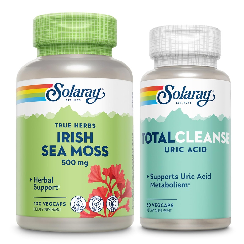 SOLARAY Irish Sea Moss and Total Cleanse Uric Acid - Wellness and Joint Health Bundle w/Naturally Occurring Vitamins, Minerals, Live Bacteria, Plus Tart Cherry, Turmeric and Celery Seed, 100/60ct
