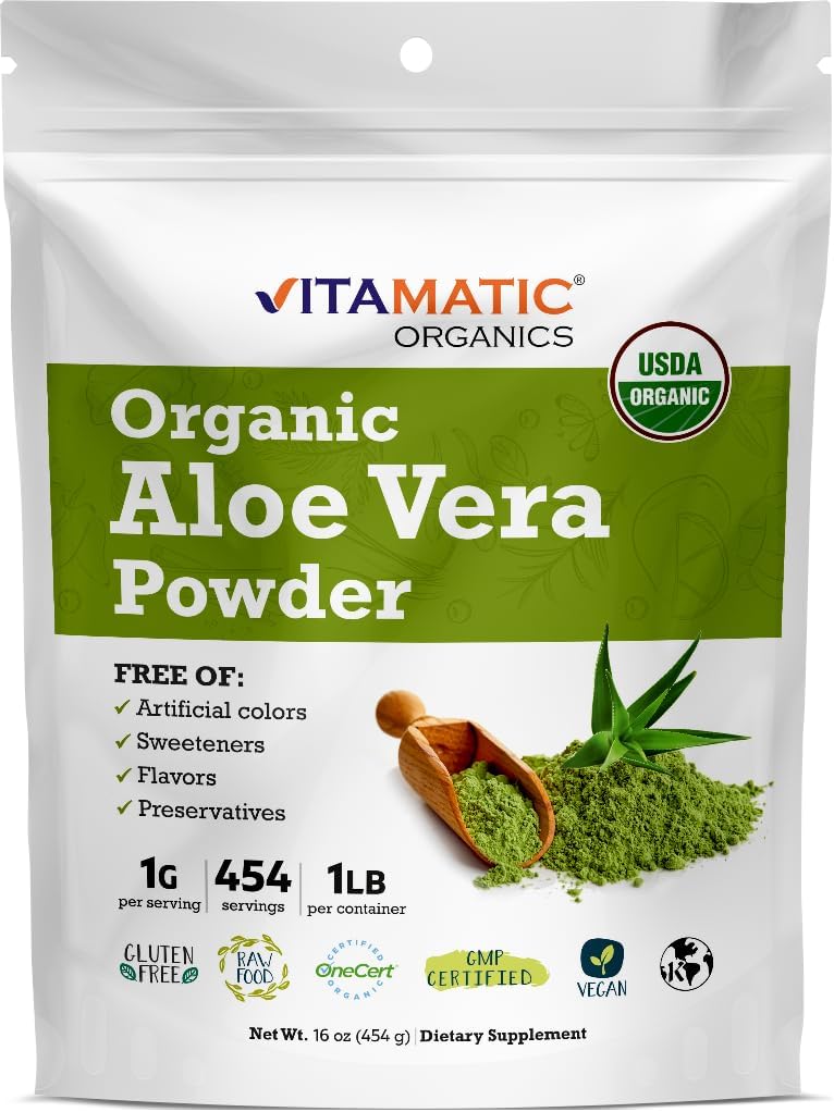 Vitamatic Certified USDA Organic Aloe Vera Powder – 1 lb (16 oz) Supports Skin, Digestion, Detox & Immune Health | Non-GMO, Gluten-Free, Kosher