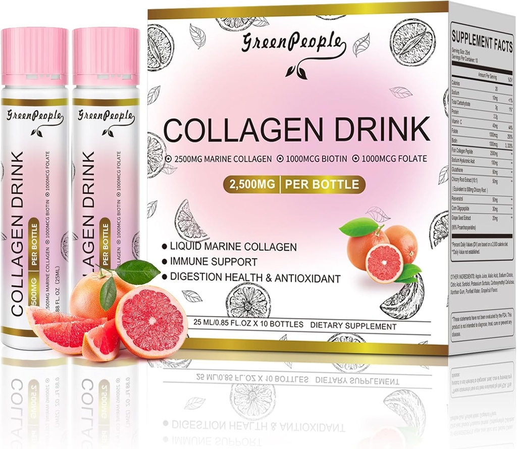 GREENPEOPLE Liquid Collagen for Women & Men, 2500mg Fish Collagen Peptides + Hyaluronic Acid + Vitamin Bs & C, Hair Skin Nails Joints Bones Support (0.85 fl oz, 10 Bottles, Grapefruit)