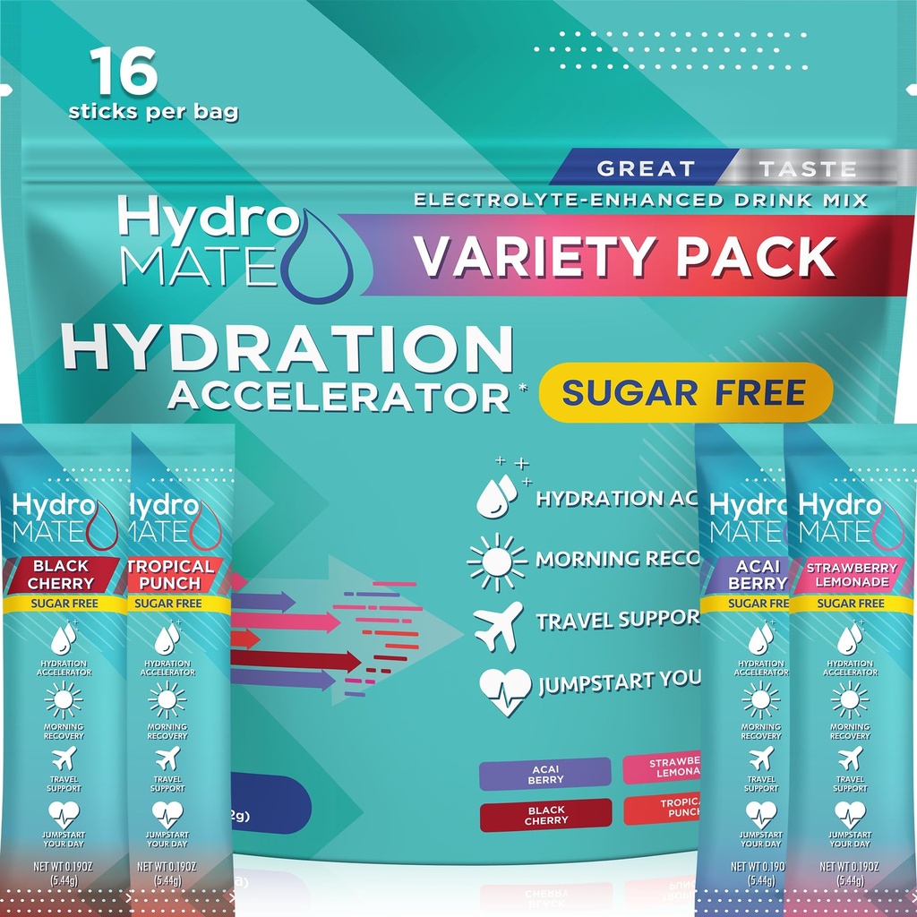Electrolyte Powder Sugar-Free Hydration Packets Variety Pack HydroMATE 16 Sticks