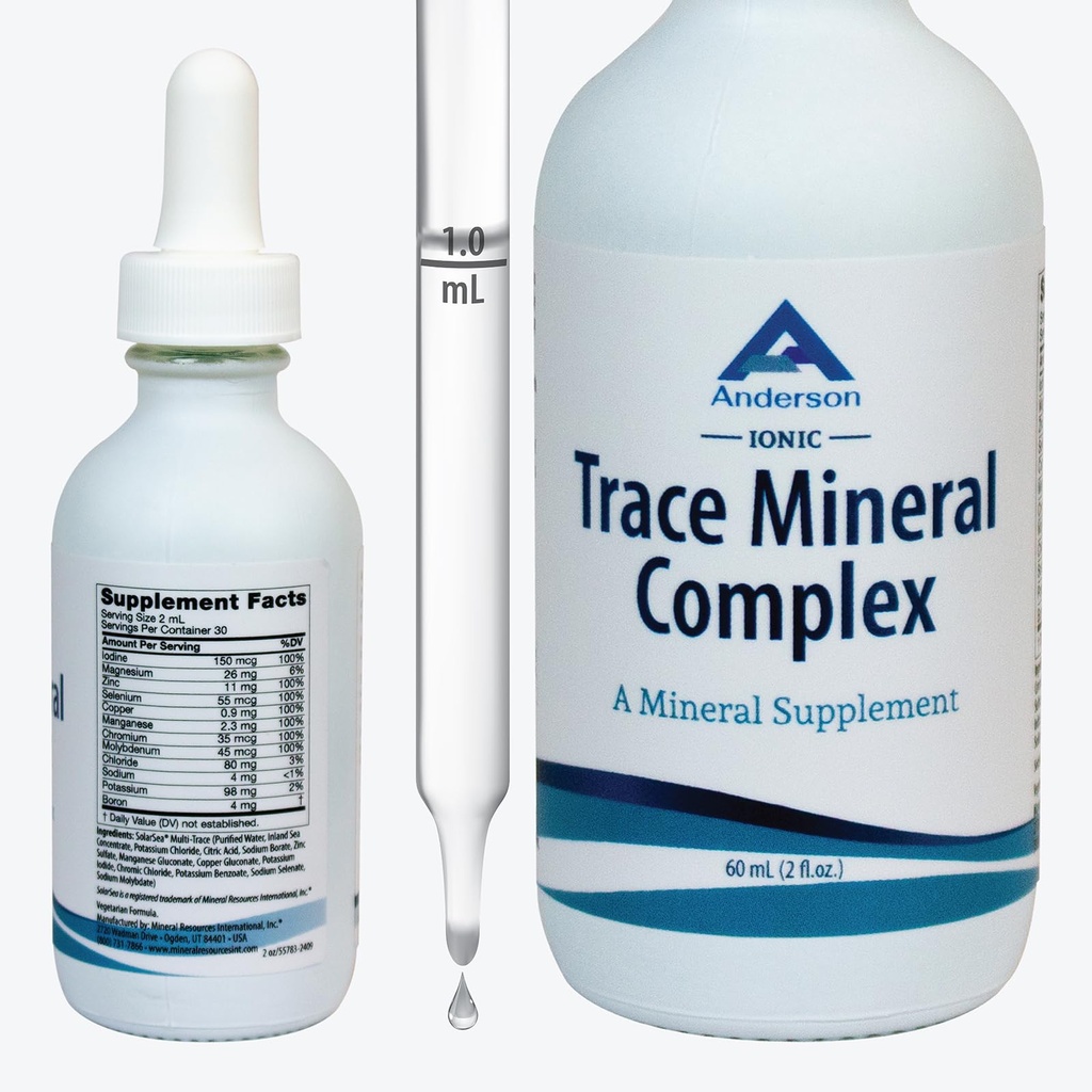 Trace Mineral Complex | Full Spectrum Minerals | Ionic Liquid Mineral Drops for Water | Electrolytes, Hydration Supplement | 2 fl oz Glass Bottle