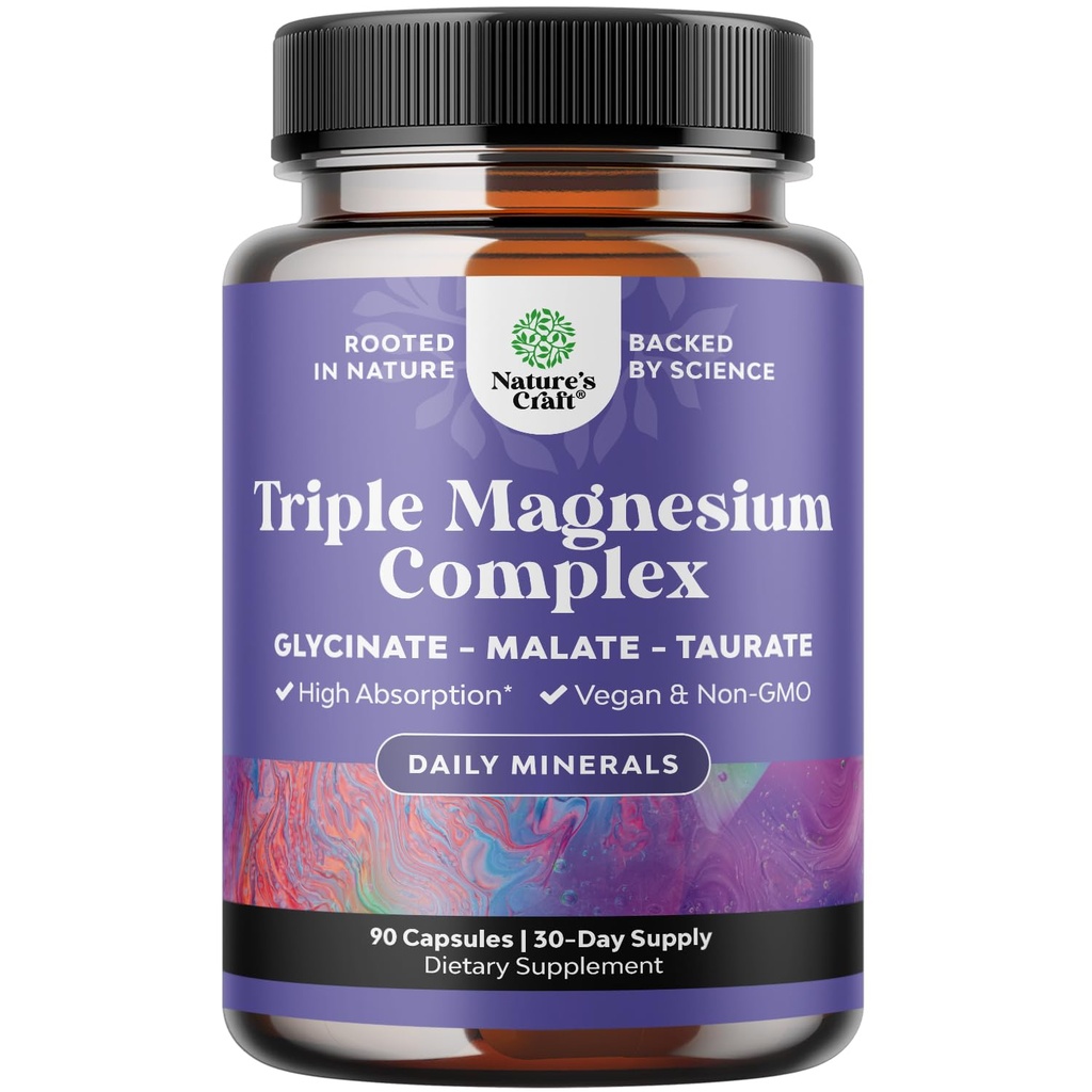 Triple Magnesium Complex Supplement Elemental - High Absorption Magnesium Taurate and Glycinate Plus Malate Blend for Sleep Muscle Bone Mood and More - Non GMO Vegan - 90 Count