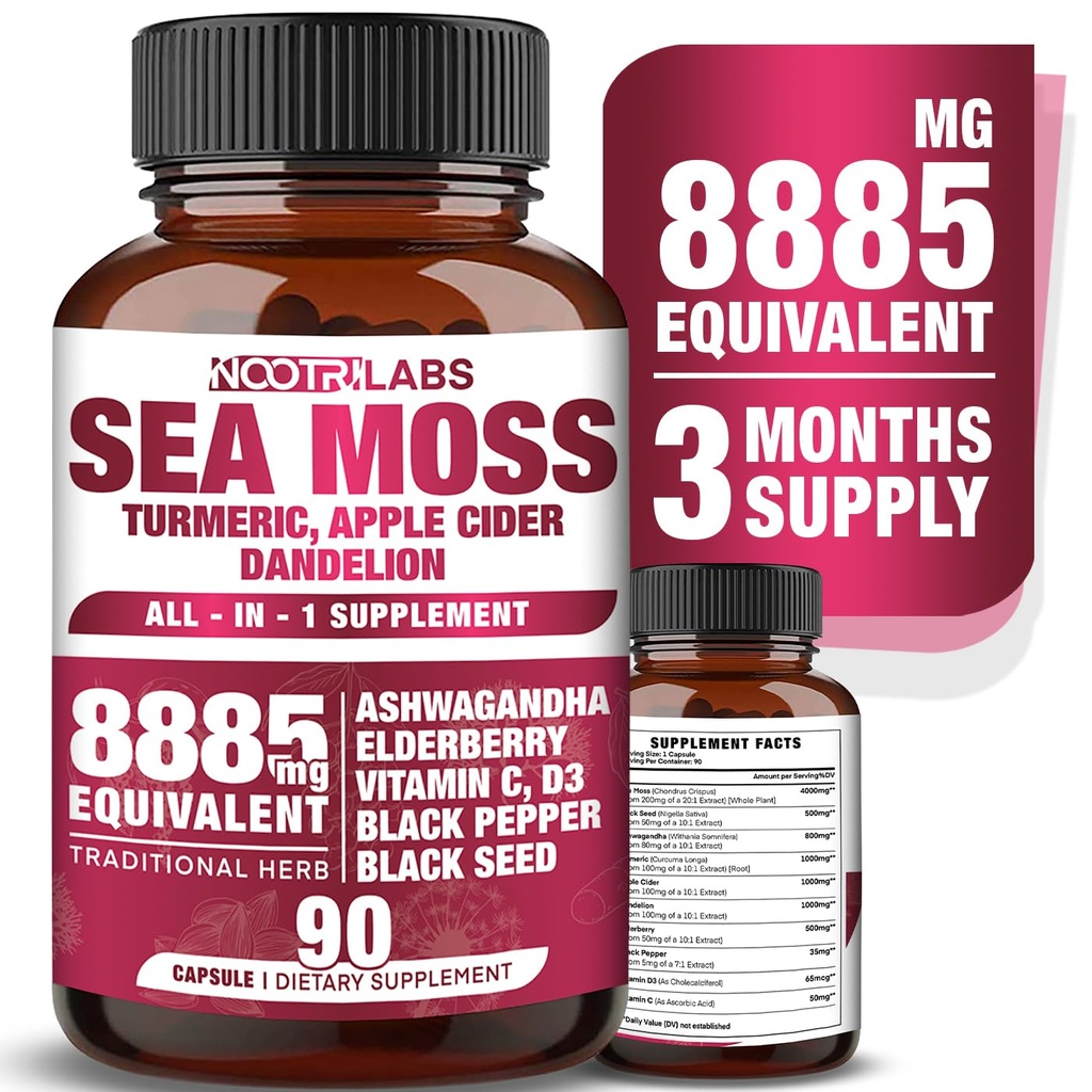 All-in-1 8885mg Highest Potency Sea Moss, Black Seed, Ashwagandha, Turmeric, Apple Cider Vinegar, Dandelion with Elderberry, Vitamin C & D3 - Immune, Energy Support Supplement - 90 Vegan Capsules