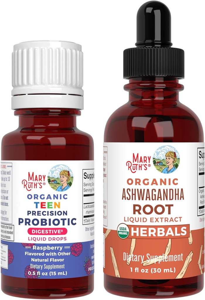 MaryRuth Organics Precision Probiotic Drops for Teens (Raspberry) & Ashwagandha Drops | USDA Organic | Vitamins for Gut Health, Relaxation, & Overall Wellness | Vegan, Non-GMO, Gluten Free