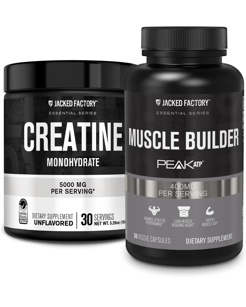 Jacked Factory Creatine Monohydrate Powder 150g - Creatine Supplement for Muscle Growth, Increased Strength & Essentials Muscle Builder - Daily Muscle Builder with PeakATP (30 Capsules)