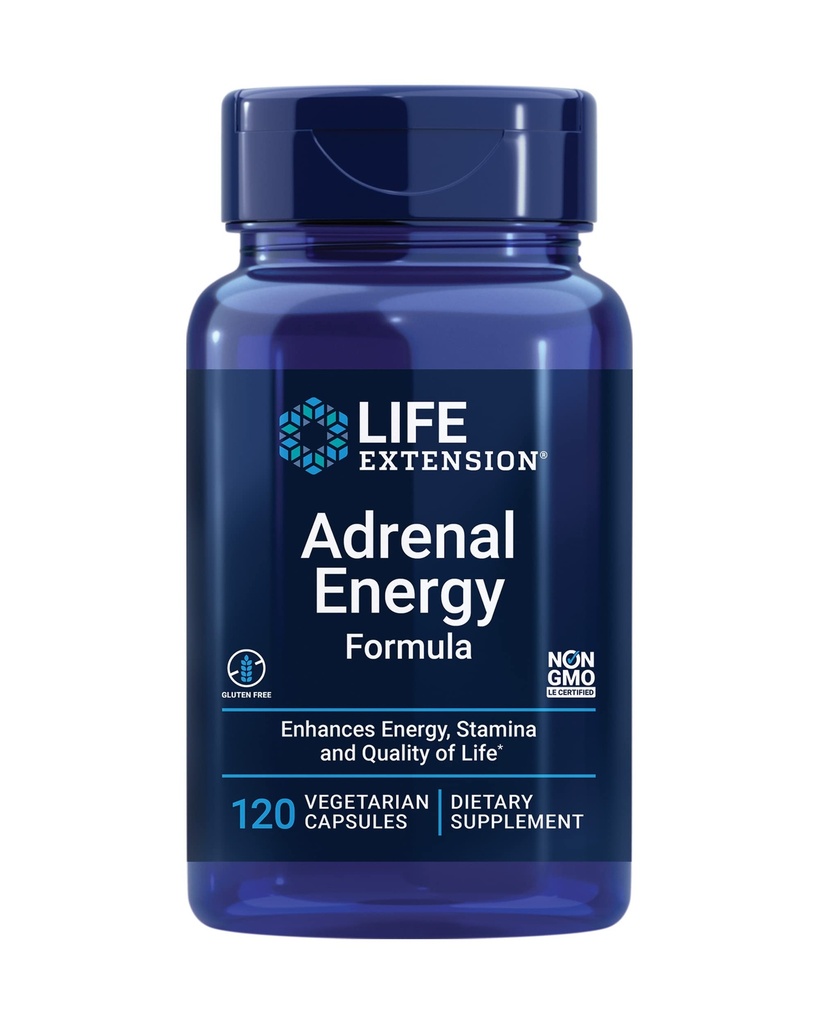 Life Extension Adrenal Energy Formula, Helps inhibit the Effects of Stress, holy Basil, cordyceps, bacopa and ashwagandha, Gluten Free, Non-GMO, Vegetarian, 120 Capsules