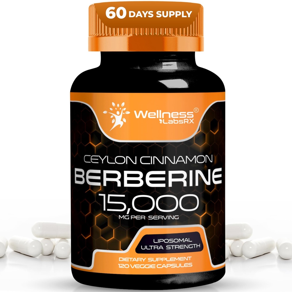 WELLNESS LABSRX Berberine 15,000mg - Third-Party Tested Berberine Supplement HCL with Ceylon Cinnamon, Black Pepper Extract and Apple Cider Vinegar, Heart Support Capsules - 120 Capsules - Pack of 1