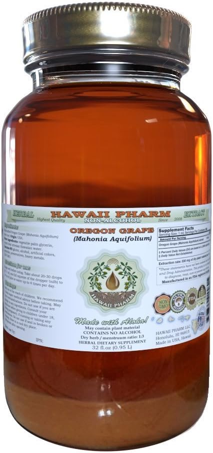 Hawaii Pharm Oregon Grape Alcohol-Free Liquid Extract, Oregon Grape (Mahonia aquifolium) Dried Root Glycerite Natural Herbal Supplement, USA 32 fl.oz