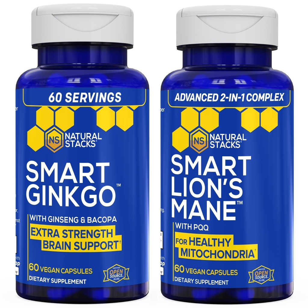 NATURAL STACKS Ginkgo Biloba + Lions Mane Mushroom Bundle - Focus & Memory Support* - 120 Total Capsules