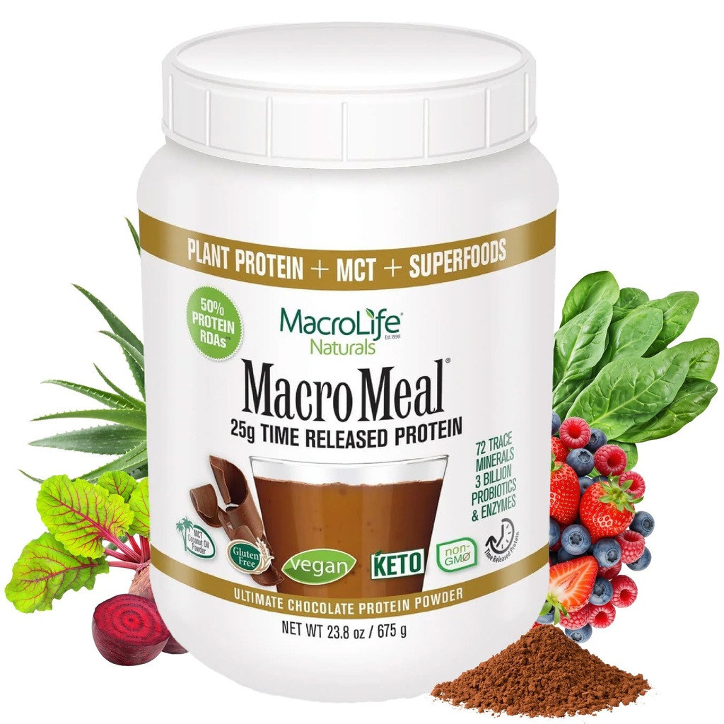 MacroLife Naturals MacroMeal Chocolate Vegan Protein Powder 25g + Superfood Greens 3 Billion Probiotics & Fiber for Lasting Energy - Plant Based Shake & Smoothie Mix Non-GMO, Gluten-Free - 15 Servings