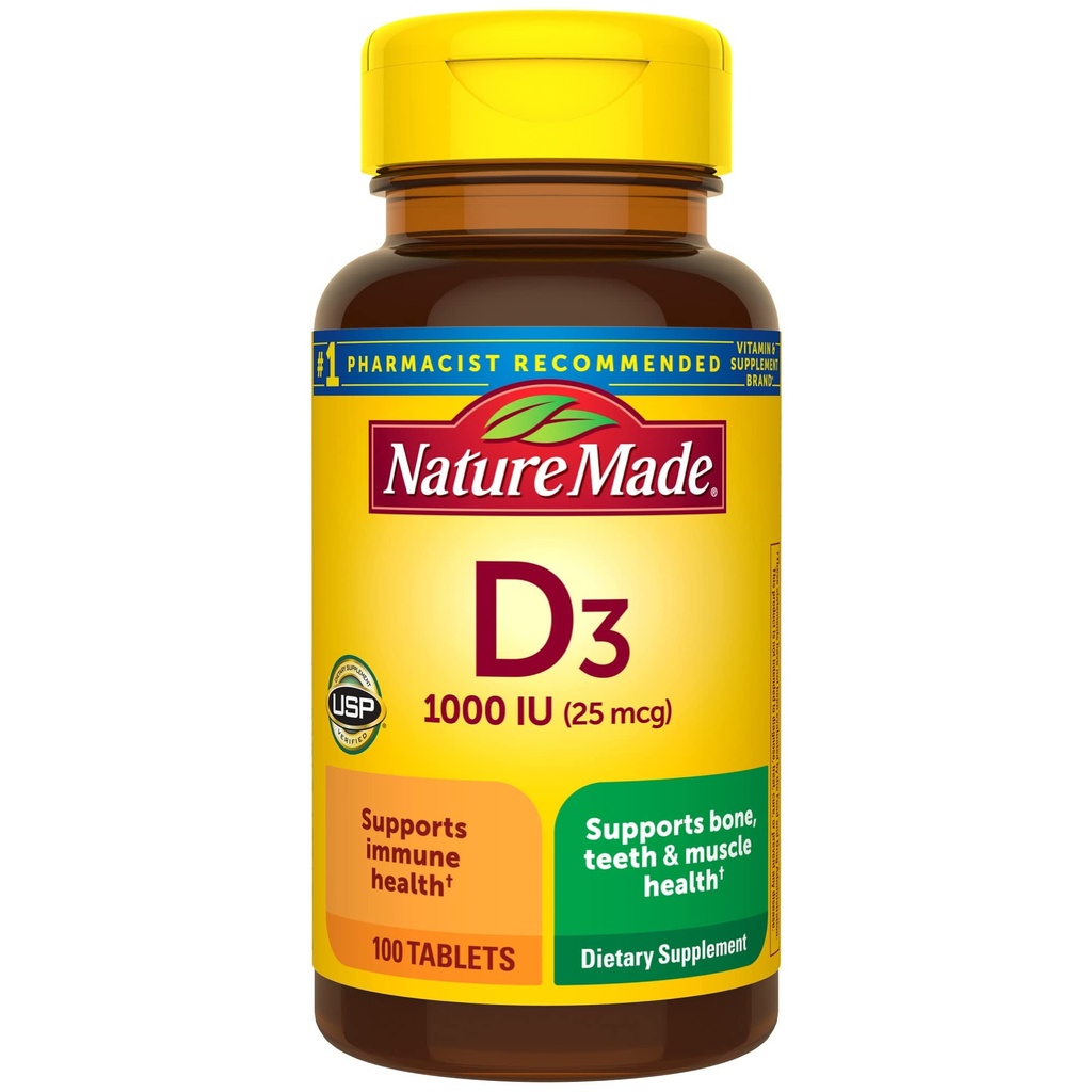 Nature Made Vitamin D3 1000 IU (25 mcg), Vitamin D Supplement for Bone, Teeth, Muscle and Immune Health Support, 100 Tablets, 100 Day Supply