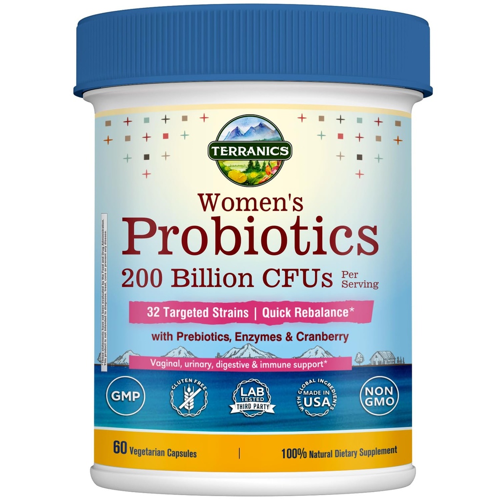 Terranics Daily Probiotics for Women, 200 Billion 32 Strains Womens Probiotics, with Cranberry, Prebiotics & Enzymes, Rebalance Vaginal Flora & pH, Delayed Release, Shelf Stable, 60 Vegan Caps