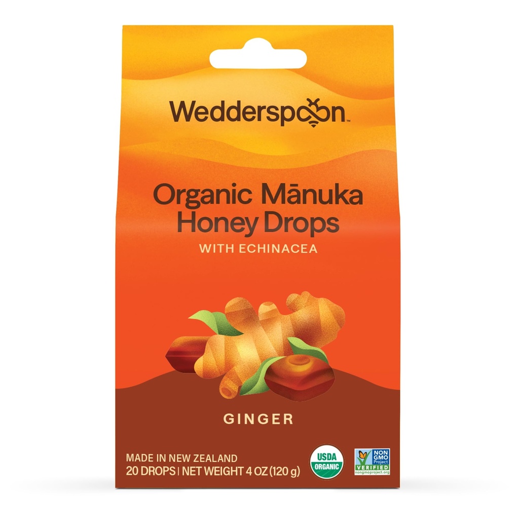 Wedderspoon Organic Manuka Honey Drops, Ginger & Echinacea, 20 Count | USDA Organic | Genuine New Zealand Honey, Natural Remedy for Dry Throat