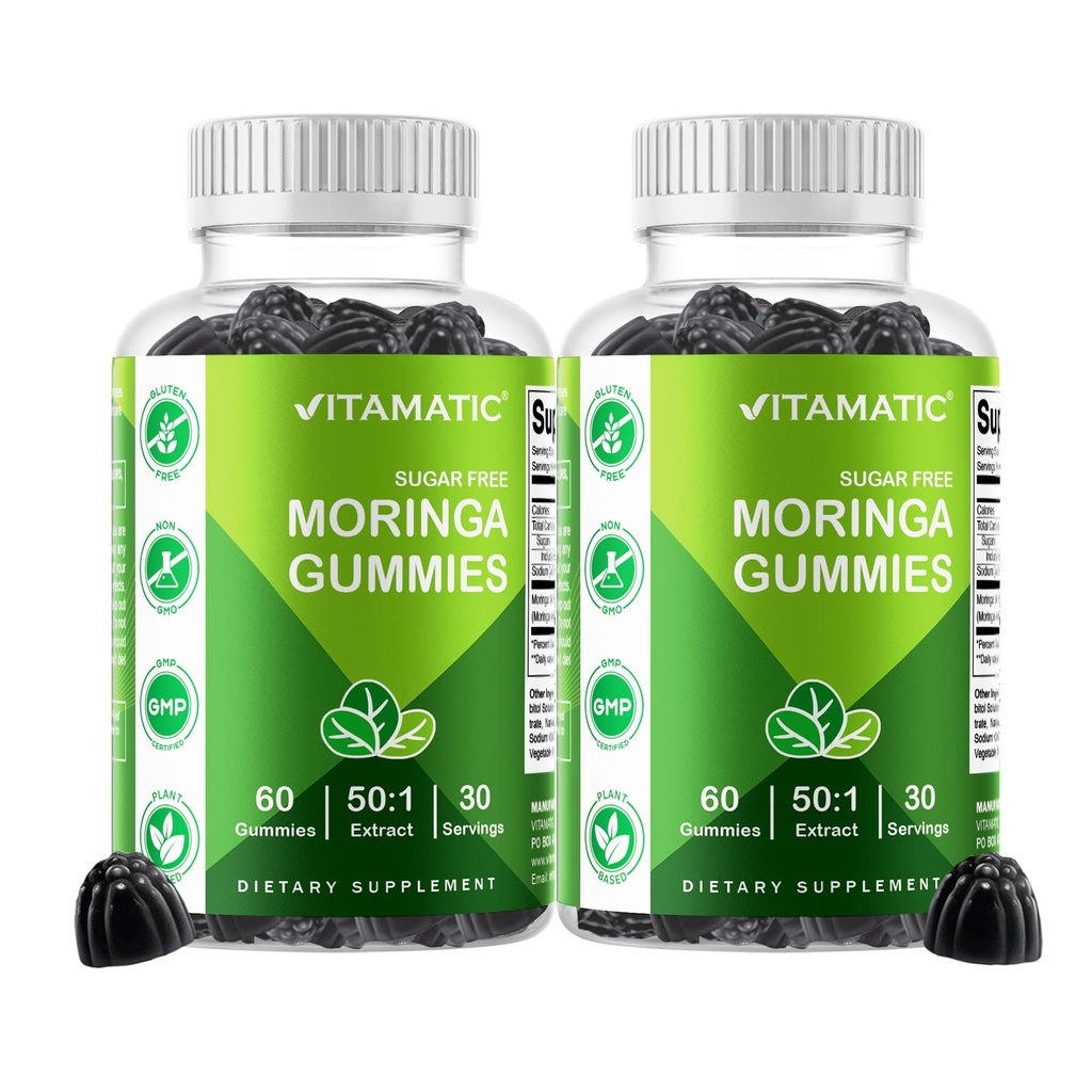 Vitamatic 2 Packs Moringa Gummies – Sugar-Free Botanical Extract – Green Superfood Supplement – Vegan, Pectin-Based, Non-GMO – Plant-Based Gummies – 60 Count