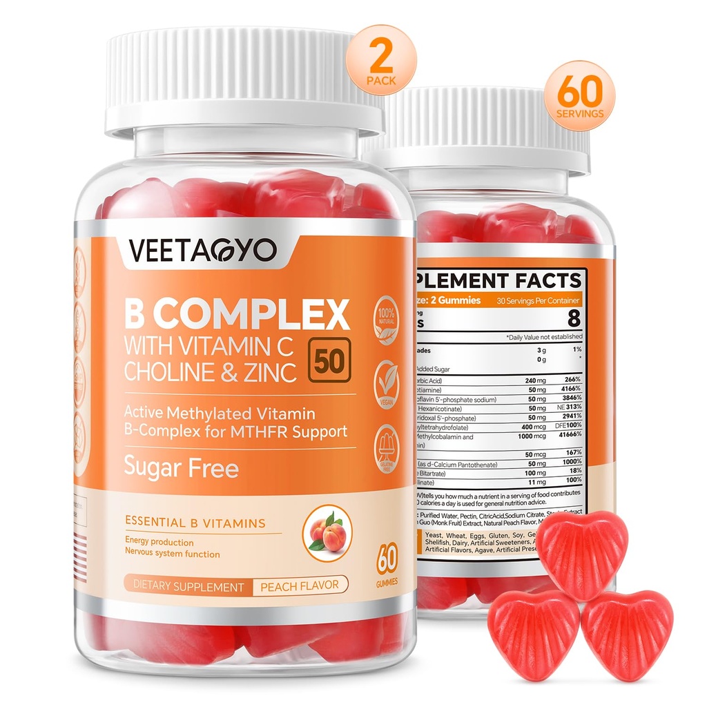 B Complex 50 Gummies ,Methylated B Complex with Vitamin C,Choline & Zinc - Active Methylated B-Complex for Energy,Methylated Support - All B Vitamins - B1,B2,B3,B5,B6,B7,B9,B12 - Sugar Free,120 Count