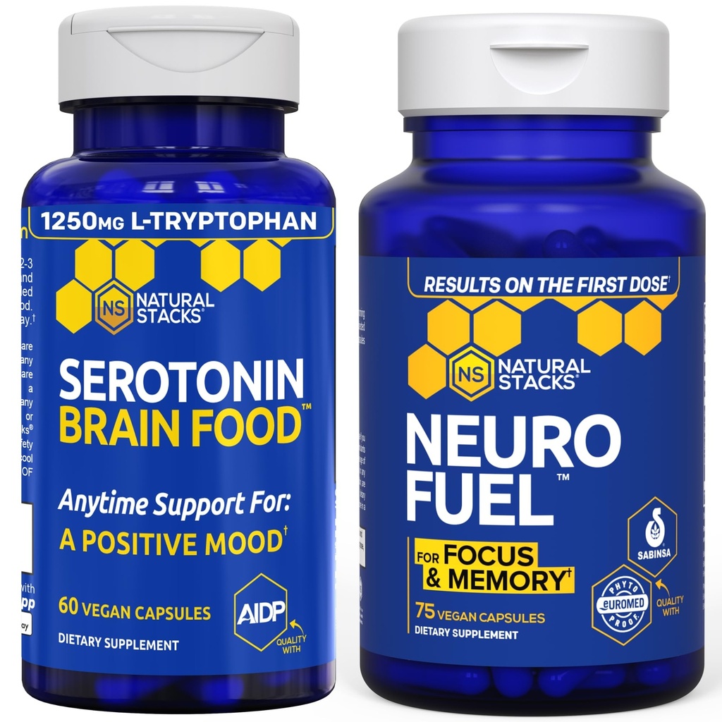 NATURAL STACKS NeuroFuel Nootropic + Serotonin Brain Food Bundle - Supports Memory, Mood & Focus* - 135 Total Capsules