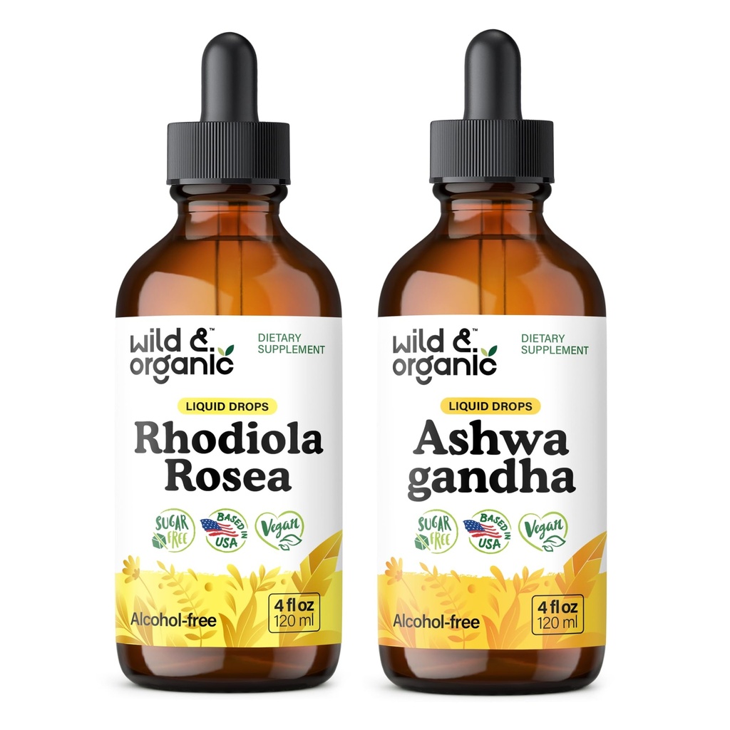 Wild & Organic Rhodiola Rosea Tincture 4 fl oz & Ashwagandha Tincture 4 fl oz
