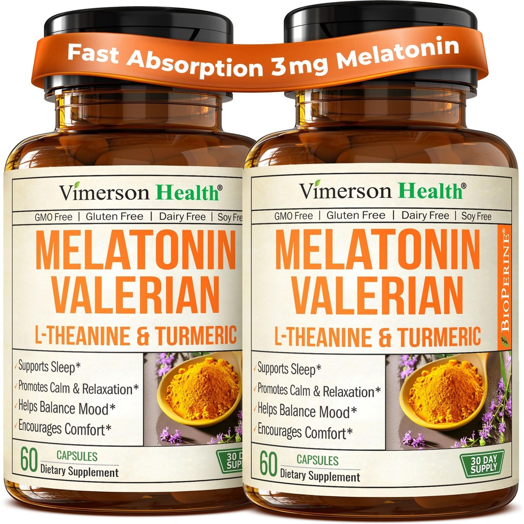 Melatonin 3mg + Valerian Root for Sleep, Daily Calm & Stress Relief Support – Natural Sleep Aid: Organic Turmeric Melatonin Valerian Supplement with L-Theanine, Ginger & Black Pepper – 2 Pack