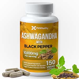 Ashwagandha Capsules, 150 Vegan Capsules, 10,100 Mg per Capsule – 100% Natural Ashwagandha Root Extract Powder and Black Pepper Extract, Non-GMO, Gluten-Free