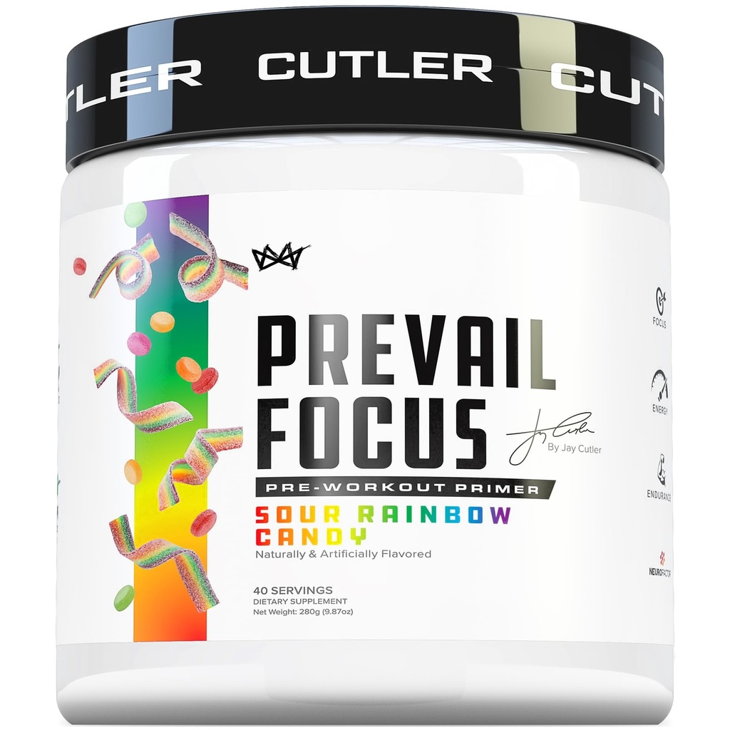 Prevail Pre Workout Powder with Nootropics: Pre-Workout Drink for Men and Women, Cutting Edge Energy and Focus Supplement with L Citrulline, Alpha GPC, L Tyrosine | Sour Rainbow Candy, 40 Scoops