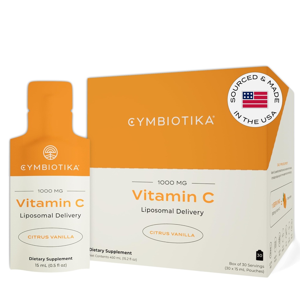 CYMBIOTIKA Vitamin C Individual Packets, Liposomal Delivery, Supplement for Immune Support, Collagen Boost, & Healthy Aging, Skin Hydration Packets, Citrus Vanilla Flavor, 30 Count