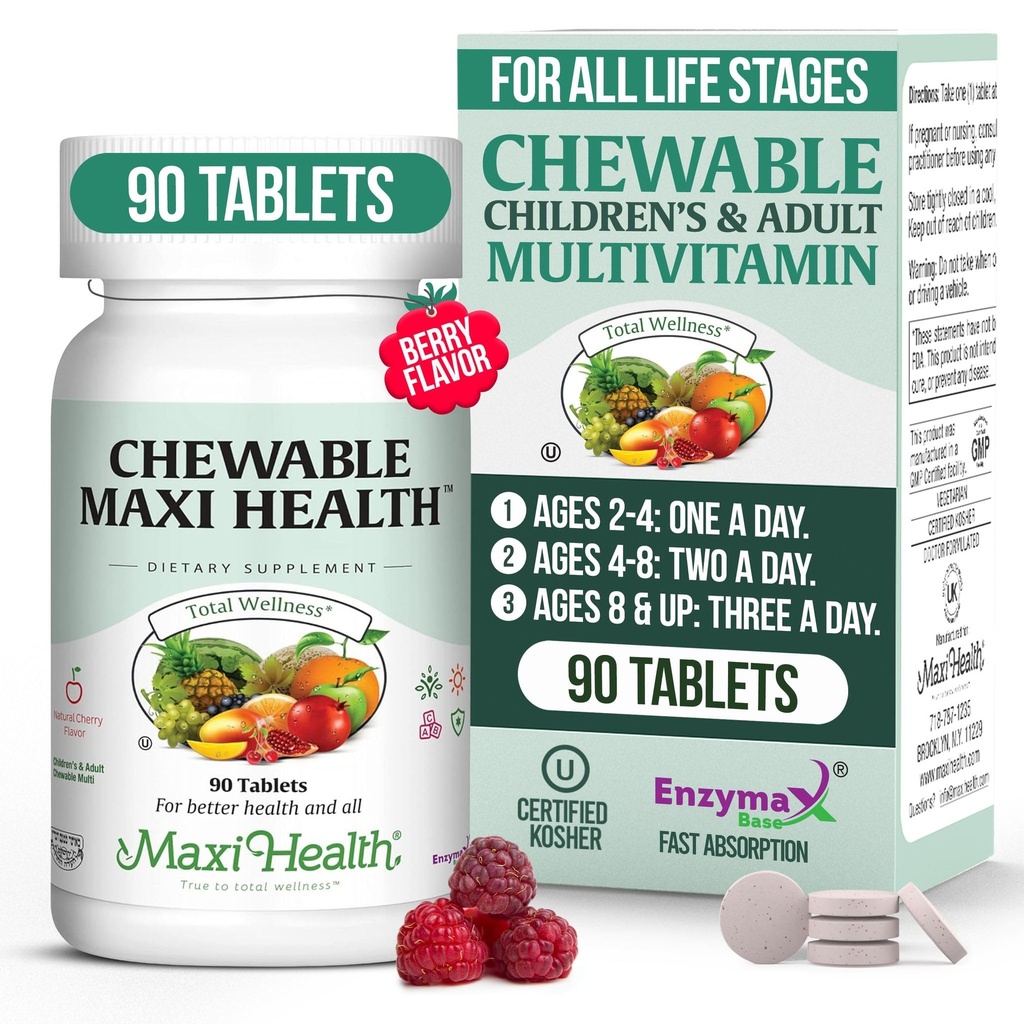 Maxi Health Chewable Multivitamin for Kids, Teens and Adults - Cherry Chewable Vitamins for Adults & Children - Kosher Kids Multivitamin + Iron (90 Tablets)