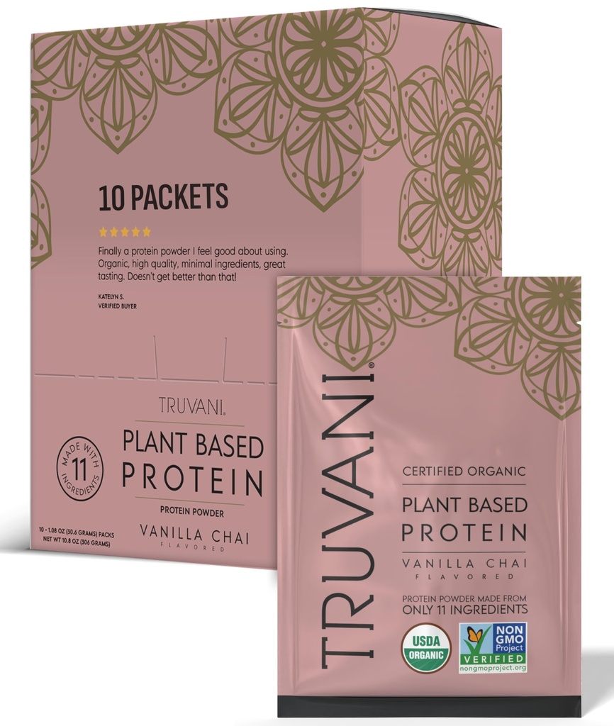 Truvani Vegan Pea Protein Powder | Vanilla Chai | 20g Organic Plant Based Protein | Single Serving Travel Packets | 10 Servings | Keto | Gluten & Dairy Free | Low Carb | No Added Sugar