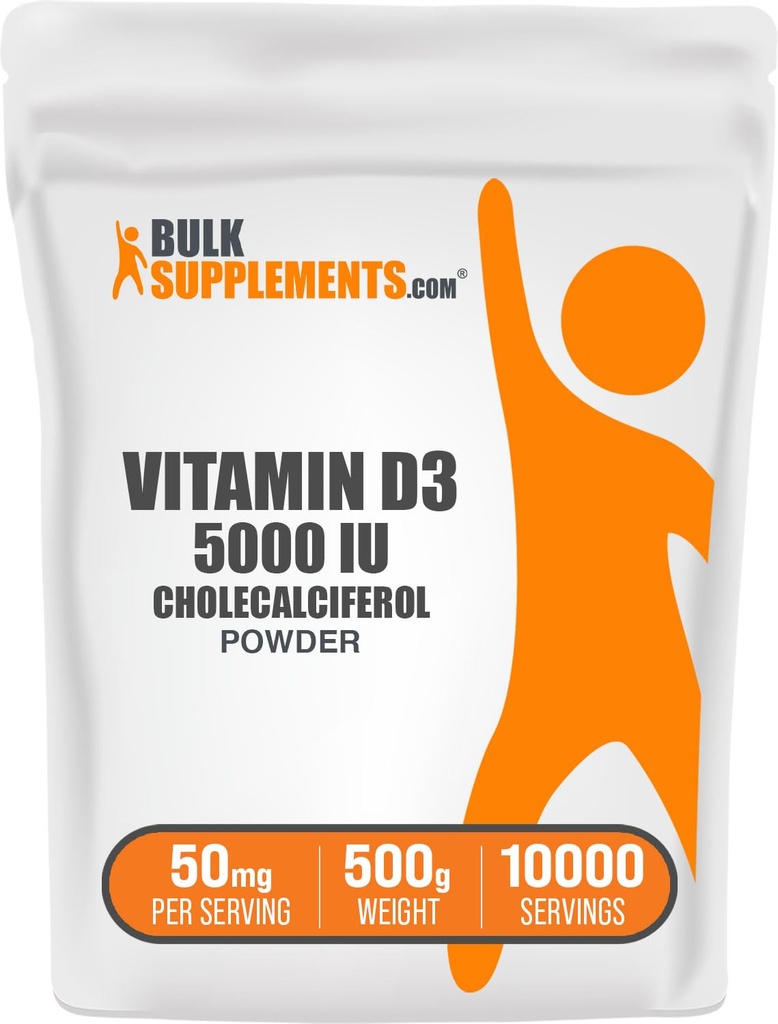 BulkSupplements.com Vitamin D3 Powder - Cholecalciferol, Vitamin D Supplements, 5000 IU - Gluten Free, 50mg (125mcg of Vitamin D3) per Serving, 500g (1.1 lbs) (Pack of 1)