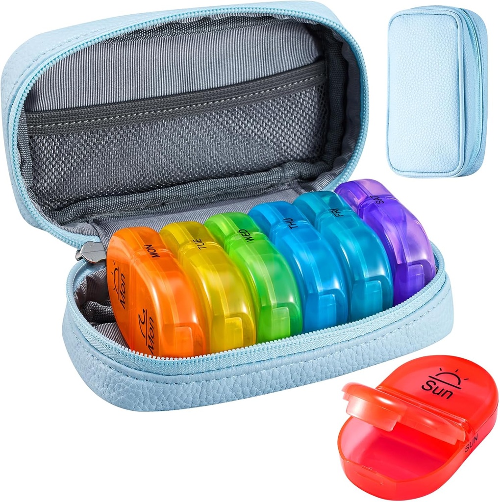 Serfeymi Weekly Travel Pill Organizer 2 Times A Day AM PM Upgraded Rainbow Pill Box 7 Day with Portable Zipper PU Leather Pill Case, Medicine Organizer for Pills, Vitamins, Fish Oils - Blue 01