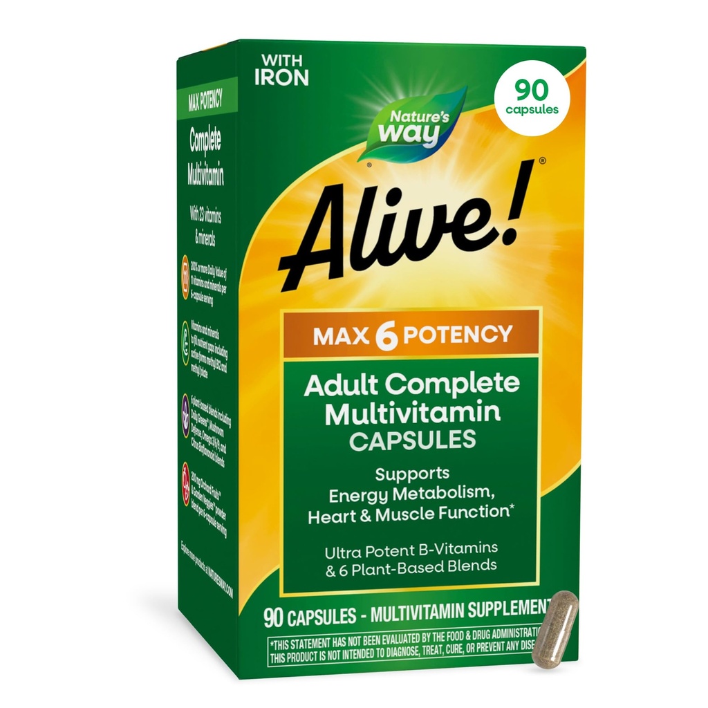 Nature's Way Alive! Max6 Potency Adult Complete Multivitamin with Iron, Antioxidant Vitamins A, C, E, B-Vitamins Including Methylated B12 & Folate, Energy Metabolism Support*, 90 Capsules